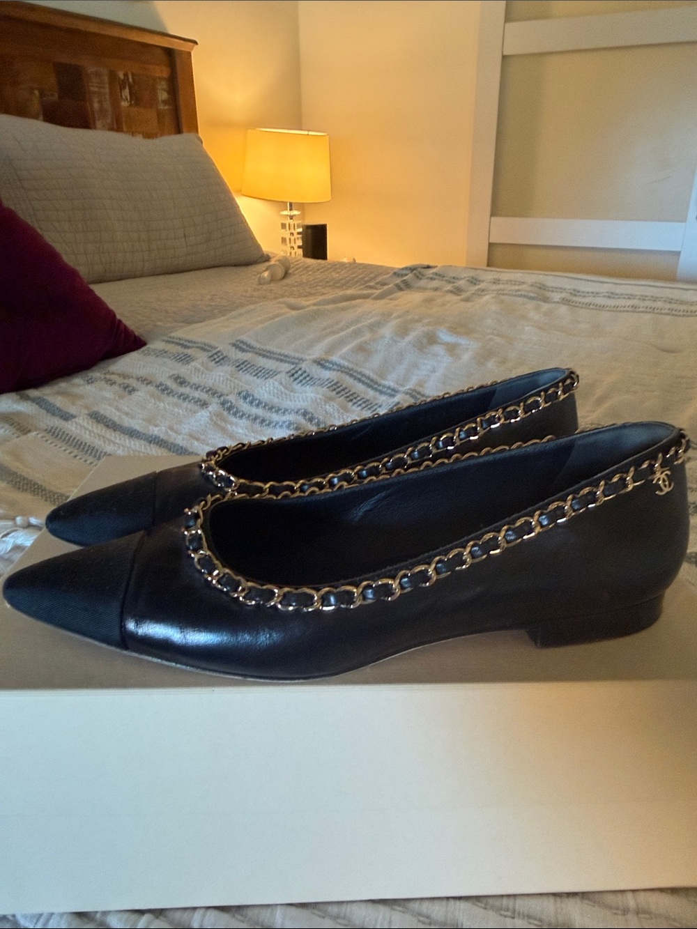 CHANEL Black Leather Pointed Toe Flats with Gold Chain Trim